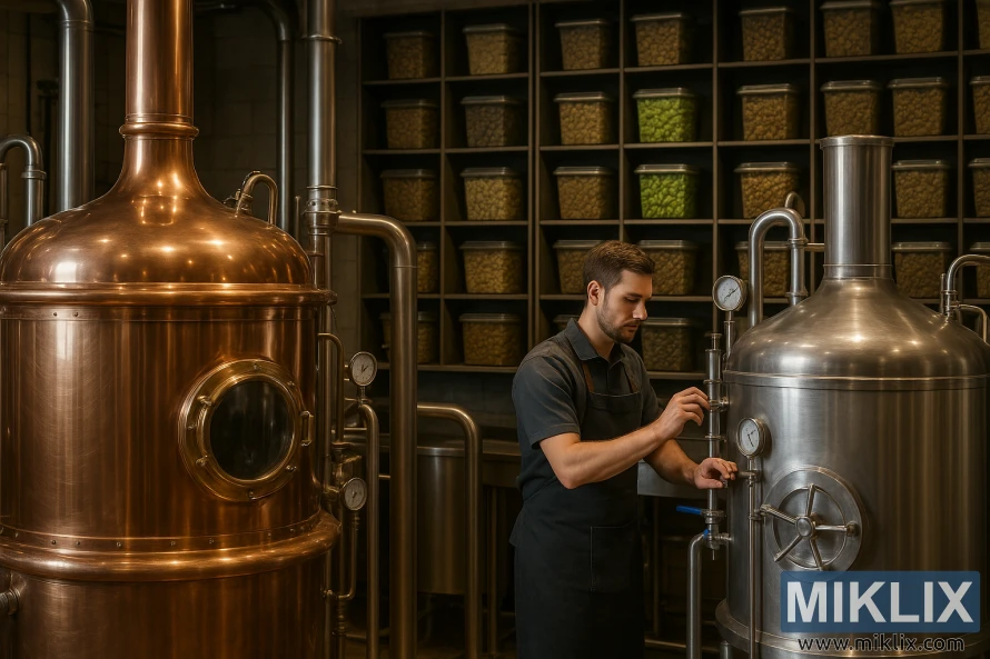 A well-lit industrial brewery interior, with gleaming copper brew kettles and fermentation tanks in the foreground. In the middle ground, a brewer carefully monitors the brewing process, adjusting valves and checking temperatures. The background features a wall of shelves stocked with hops cones of various varieties, including the vibrant green Target hops. Soft, even lighting illuminates the scene, casting warm reflections off the metallic equipment. The overall atmosphere conveys the precision and artistry of the craft beer brewing process.