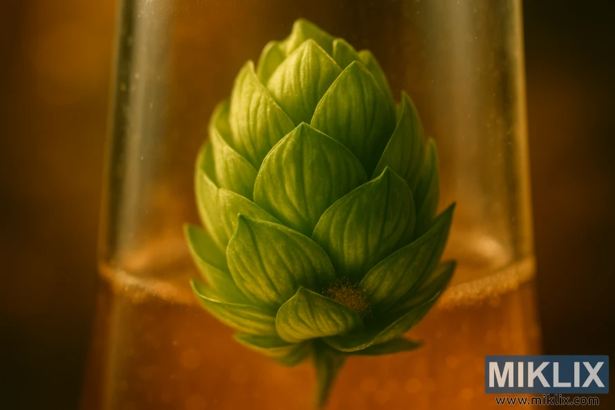A close-up shot of an aromatic hop cone, illuminated by warm, golden light shining through a glass vessel. The intricate, verdant layers of the hop unfurl, revealing their delicate, resinous glands brimming with essential oils. The soft, hazy background subtly hints at the complex chemistry and nuanced flavors these hops can impart in a well-crafted brew. The composition emphasizes the hop's captivating visual appeal and the alluring sensory promise it holds for the discerning beer enthusiast.