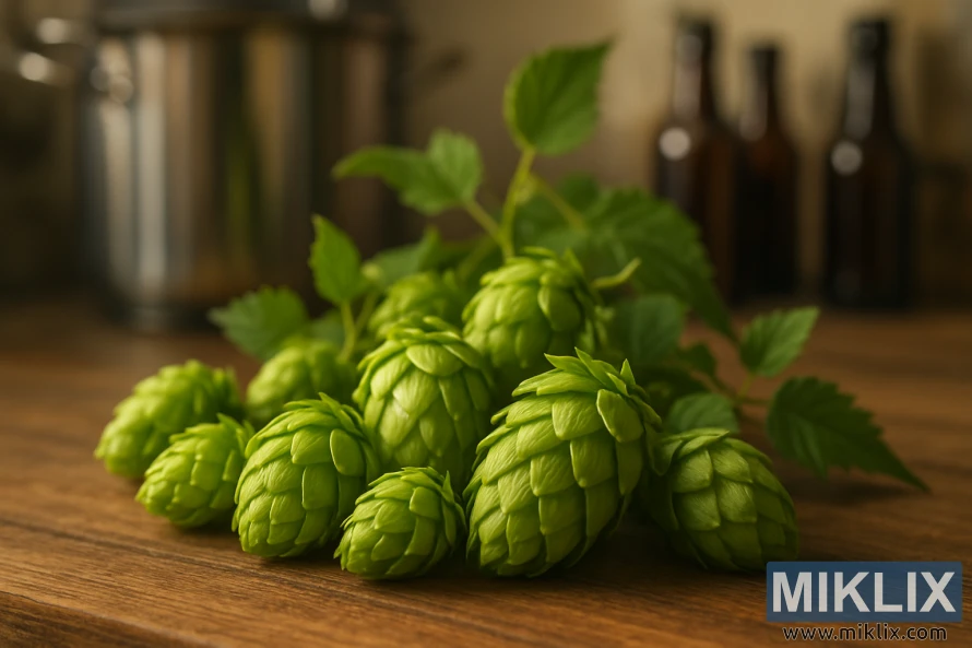 A well-lit, close-up shot of an assortment of fresh Target hops cones on a wooden table. The hops are in the foreground, showcasing their vibrant green color, delicate texture, and distinct cone shapes. In the middle ground, a few hop leaves and stems add depth and natural context. The background features a soft, out-of-focus view of a home brewing setup, with gleaming metal equipment and bottles, suggesting the intended use of these hops. The lighting is warm and natural, creating a cozy, inviting atmosphere that evokes the craft of home brewing.