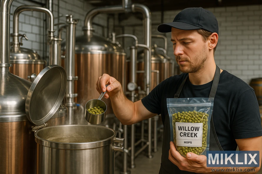 A well-lit, high-resolution image of a modern beer brewing setup, showcasing the various techniques involved in using Willow Creek hops. The foreground should feature a skilled brewer meticulously measuring and adding the hops to the brew kettle, with a thoughtful expression on their face. The middle ground should depict the gleaming copper or stainless steel brewing equipment, such as a mash tun, lauter tun, and boil kettle, all working in harmony. The background should provide a glimpse of the brewery's interior, with clean tile or brick walls, and perhaps a few barrels or kegs visible, conveying a sense of tradition and craftsmanship. The overall atmosphere should be one of precision, expertise, and a deep appreciation for the art of brewing.