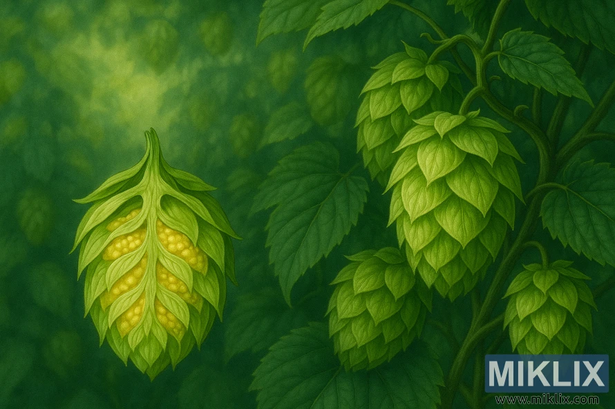 A highly detailed, scientifically accurate illustration of alpha acid content in hops, showcased against a backdrop of lush, verdant hop bines. The foreground features a meticulously rendered cross-section of a hop cone, revealing its internal structures and glandular lupulin content. Lighting is soft and natural, accentuating the trichomes and bringing out the vibrant green and golden hues. The middle ground depicts a cluster of mature hop cones, each with clearly defined bracts and scales. In the background, the hop bines wind gracefully, their leaves and tendrils creating a sense of depth and texture. The overall composition conveys a sense of scientific inquiry and appreciation for the chemical complexity of this vital brewing ingredient.