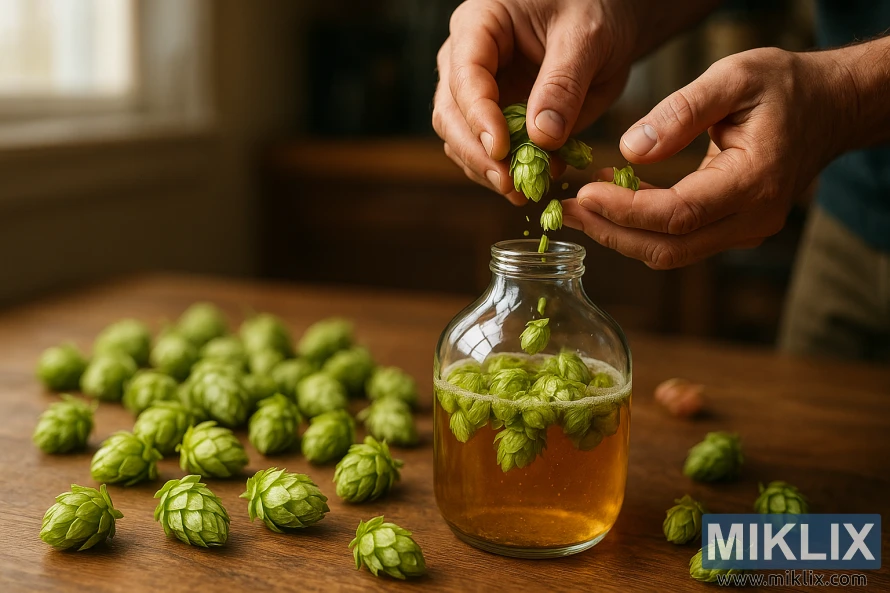 A wooden table with a selection of fresh, green Willow Creek hop cones scattered across its surface, their delicate fronds and papery bracts gently illuminated by a soft, natural light filtering in through a window. In the foreground, a pair of calloused hands carefully sprinkle the aromatic hops into a glass carboy, the hops slowly sinking and settling among the golden liquid within, creating a captivating visual representation of the dry hopping process. The background is blurred, but suggests a cozy, well-equipped home brewery, hinting at the care and attention devoted to crafting a superior beer using these premium hops.