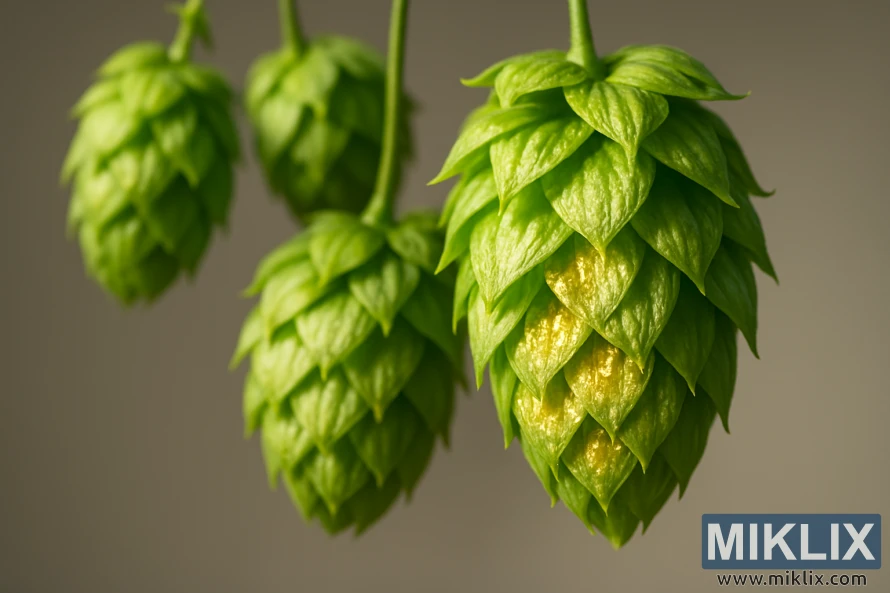 A close-up image of several fresh hop cones, their delicate green leaves and golden yellow lupulin glands glistening under bright, directional lighting. The hops are suspended against a neutral, slightly blurred background, showcasing their intricate texture and vibrant colors. The composition emphasizes the visual assessment of hop quality, with a clear focus on the essential lupulin, which imparts the desired aroma and bitterness in beer. The lighting accentuates the three-dimensional structure of the hop cones, inviting the viewer to examine them in detail and appreciate the nuances that contribute to their overall quality.