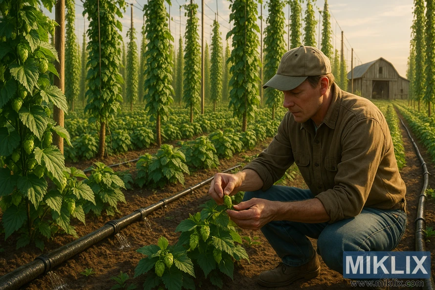 A sprawling hop field bathed in warm, golden sunlight, with rows of lush, verdant hop bines climbing expertly crafted trellises. In the foreground, a farmer carefully tends to the plants, their hands calloused yet gentle as they prune and inspect the hops. The middle ground reveals a sustainable irrigation system, with water efficiently channeled through a network of pipes and drip lines. In the background, a weathered yet sturdy barn stands as a testament to the farm's history, its wood-paneled walls and tin roof reflecting the region's agricultural heritage. The overall scene conveys a sense of harmony, where traditional farming techniques and modern sustainable practices coexist in perfect balance, producing hops of the highest quality.