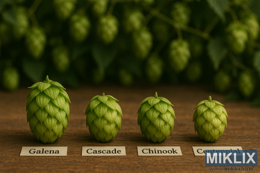 A comparison of hop varieties on a rustic wooden table, illuminated by soft natural lighting. In the foreground, distinct cones of Galena hops stand out, their vibrant green hues and intricate textures contrasted against the muted tones of Cascade, Chinook, and Centennial hop cones in the middle ground. The background features a blurred array of hop bines, their vines intertwining to create a lush, verdant backdrop. The overall composition suggests the nuanced complexities and unique characteristics of these different hop cultivars, inviting the viewer to explore their distinct aromas, flavors, and brewing applications.