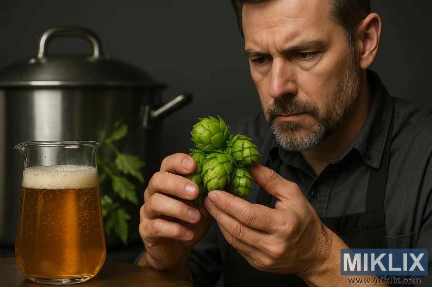 A professional brew master carefully inspecting freshly harvested Columbia hops, the vibrant green cones glistening under soft studio lighting. In the foreground, a glass beaker filled with a golden ale, its effervescent bubbles dancing to the rhythm of the brewing process. In the background, a sleek stainless steel brew kettle, its polished surface reflecting the intricate dance of the hop leaves as they are gently stirred into the boiling wort. The scene conveys the artistry and precision of brewing techniques that harness the unique flavor and aroma profiles of the Columbia hop variety.