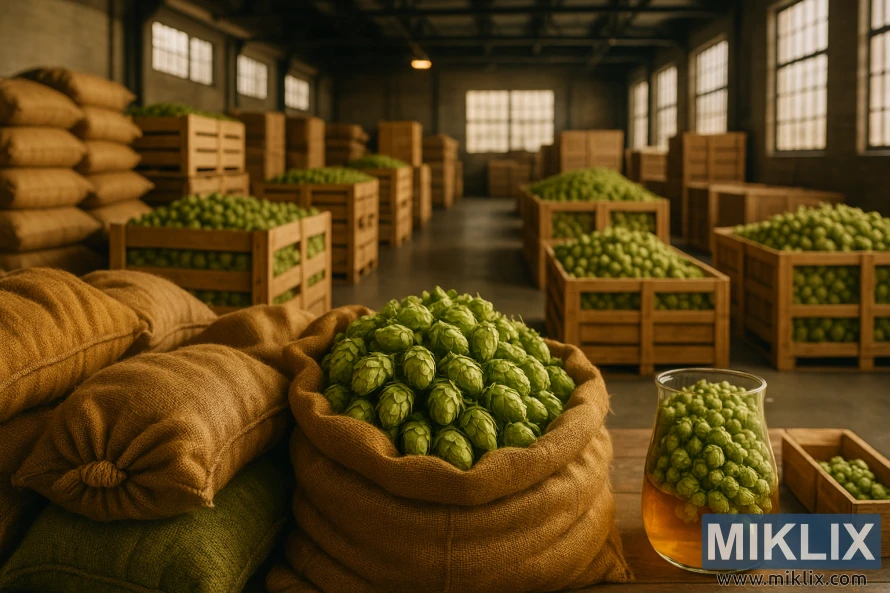 A well-lit, industrial interior of a large hop storage facility, filled with stacks of burlap sacks and wooden crates overflowing with fresh, aromatic Columbia hops. The foreground features a close-up view of the textured burlap sacks, their colors ranging from deep green to golden yellow, exuding the distinctive earthy, floral scent of the hops. In the middle ground, rows of neatly organized crates stretch out, some open to reveal the cascading green hop cones within. The background showcases the expansive, high-ceilinged space, with large windows letting in natural light and casting warm, diffused illumination across the scene. The overall atmosphere conveys a sense of meticulous organization, quality control, and the importance of proper storage in preserving the integrity and flavor profile of these premium hops.
