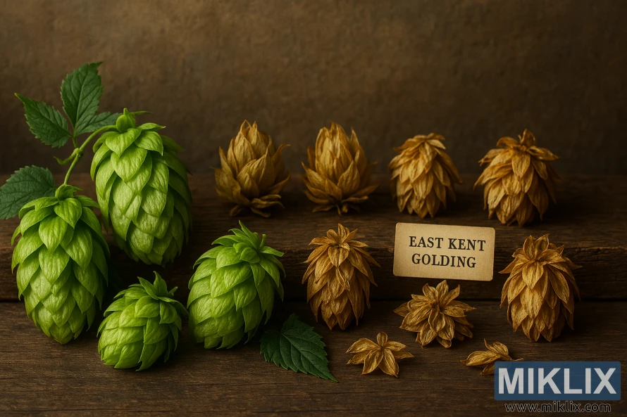 A well-lit still life showcasing a variety of hop cones against a textured, rustic backdrop. In the foreground, lush green hop cones in various stages of maturity are displayed, their intricate lupulin glands visible. In the middle ground, several dried hop varieties, including the distinctive East Kent Golding, are arranged neatly. The background features a weathered wooden surface, hinting at the artisanal craft of beer brewing. Warm, natural lighting casts subtle shadows, accentuating the hops' vibrant hues and creating a sense of depth and dimension. The overall composition conveys the importance of hops, particularly the iconic East Kent Golding, in the beer brewing process.
