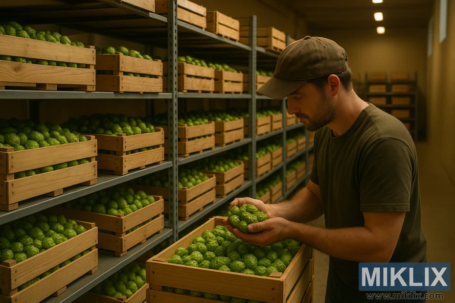 A well-organized hop storage facility with rows of wooden crates neatly stacked on sturdy metal shelves. Soft, warm lighting illuminates the interior, casting a cozy ambiance. In the foreground, a worker carefully inspects the fresh, fragrant hops, their vibrant green cones glistening. The middle ground showcases the methodical arrangement of the storage units, creating an efficient, streamlined workflow. The background features high ceilings and clean, minimalist architecture, conveying a sense of professionalism and attention to detail. The overall scene exudes an atmosphere of precision, care, and the artisanal nature of hops cultivation and storage.