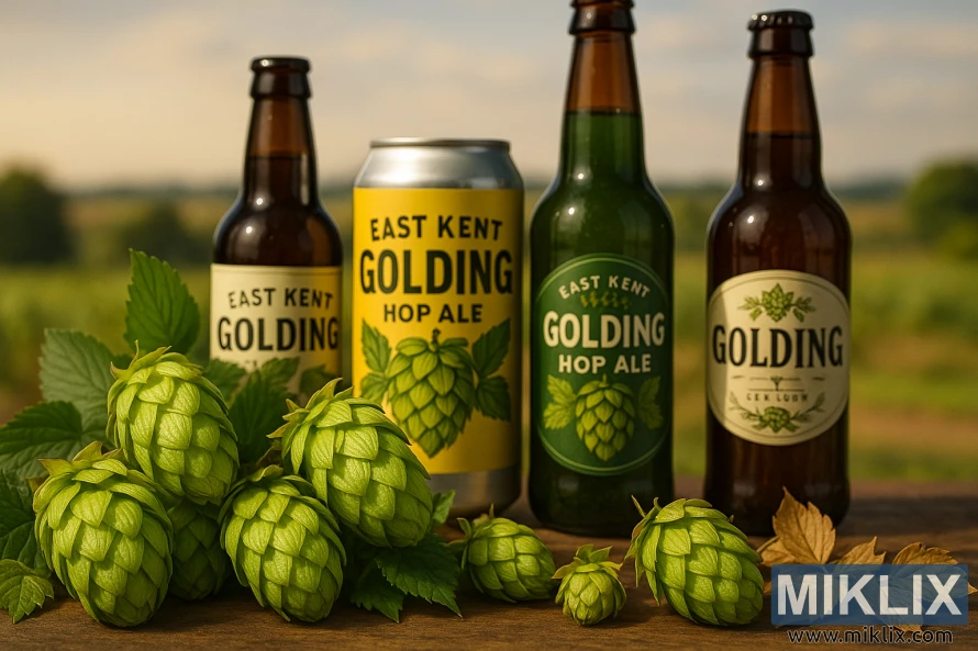 A vibrant still life capturing an array of commercial beer bottles and cans, their labels prominently featuring the renowned East Kent Golding hop variety. In the foreground, the hops themselves are displayed in full glory, their distinctive green cones and delicate golden-brown leaves illuminated by warm, natural lighting. The middle ground showcases the beer containers, each with a unique design showcasing the complex, nuanced flavors derived from the Golding hops. In the background, a soft, blurred landscape suggests the picturesque Kent countryside where these prized hops are cultivated. The overall composition exudes a sense of craft, quality, and the celebration of this iconic British hop's integration into beloved commercial beer brands.