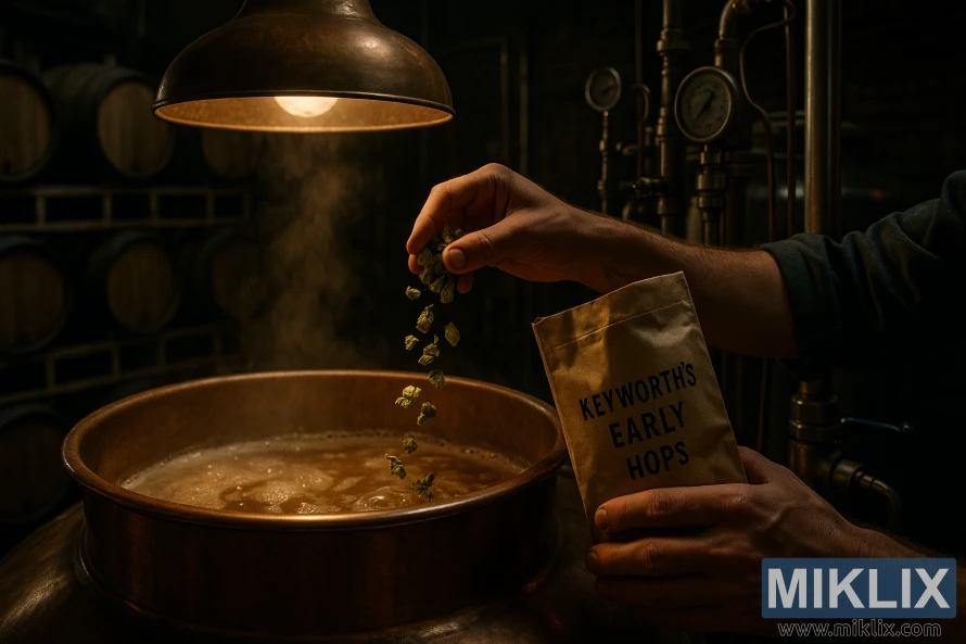 A dimly lit brewery, the air thick with the scent of roasted malt and fresh hops. In the foreground, skilled hands carefully measure and add Keyworth's early hop variety to a bubbling brew kettle, its copper surface reflecting the warm glow of the task lighting above. The middle ground reveals the intricate machinery of the brewing process, valves and pipes intertwined like a well-choreographed dance. In the background, rows of oak barrels stand sentinel, the promise of a rich, flavorful beer yet to come. The scene is one of artistry and tradition, a testament to the care and expertise required to craft the perfect pint using Keyworth's renowned hops.