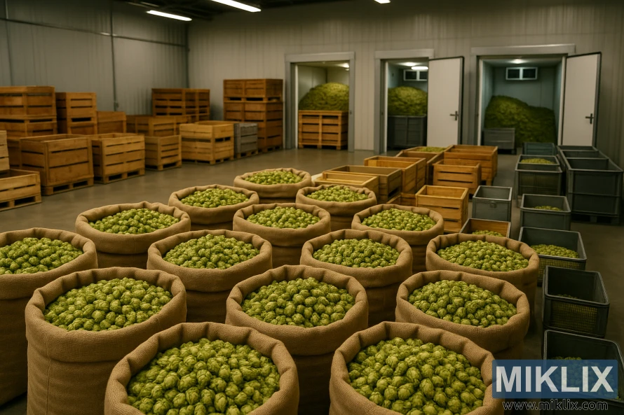 A well-lit, high-angle view of a modern hop storage facility. In the foreground, rows of large burlap sacks filled with fragrant, freshly harvested hops. The middle ground features wooden crates and metal bins, their contents carefully organized. In the background, a series of temperature-controlled storage chambers, their doors open to reveal the precise climate required for optimal hop preservation. The scene exudes a sense of professional care and attention to detail, reflecting the importance of proper hop handling and storage for achieving the finest beer brewing results.