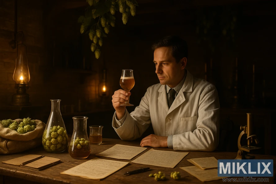 Keyworth's Early Hops recipe development: A dimly-lit 19th century brewery laboratory, wooden tables cluttered with beakers, hops samples, and hand-written notes. A lone researcher in a crisp white lab coat examines a glass of golden wort, swirling it thoughtfully. Warm lantern light casts a cozy glow, highlighting the textured brick walls and brass instruments. Bunches of fresh hops hang from the rafters, their verdant aroma mingling with the yeasty scent of fermentation. A sense of quiet contemplation and innovative spirit pervades the scene, as the researcher works to unlock the flavors and aromas of Keyworth's pioneering hop variety.