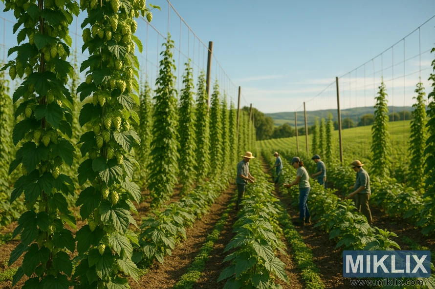 A lush, verdant hop farm bathed in warm, golden sunlight. In the foreground, rows of thriving hop bines climb tall trellises, their vibrant green leaves and delicate yellow flowers swaying gently in the breeze. In the middle ground, a team of farmers tend to the plants, using sustainable practices like organic pest management and water conservation. The background reveals a panoramic view of rolling hills and a clear, azure sky, reflecting the harmony between the farm and its natural environment. The scene conveys a sense of sustainability, innovation, and a bright future for the world of craft brewing.