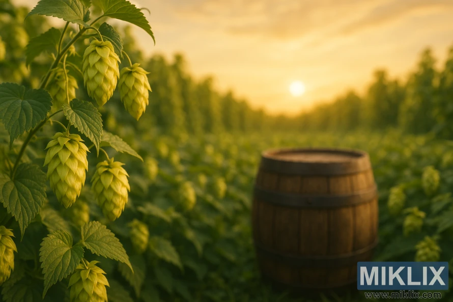 A sunlit field of verdant hops cascades across the frame, their vibrant green leaves and delicate flowers swaying gently in the breeze. In the foreground, clusters of ripe, golden-hued Sunbeam hops stand out in sharp focus, their aromatic cones promising a unique, citrusy flavor profile to be infused into a crisp, refreshing craft beer. In the middle ground, a rustic, wooden beer barrel sits, its weathered surface hinting at the artisanal brewing process to come. The background is dominated by a warm, golden-hour sky, casting a soft, ethereal glow over the entire scene, creating a tranquil, inviting atmosphere perfect for capturing the essence of using Sunbeam hops in the art of beer brewing.