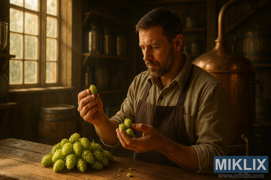 A rustic wooden brewhouse interior, dappled with warm sunlight filtering through tall windows. In the foreground, a skilled brewer carefully examines vibrant green hops cones, inspecting their aromatic oils and lupulin glands. In the middle ground, a large copper brew kettle simmers, its contents infused with the earthy, floral essence of Sunbeam hops. Shelves along the walls hold an array of brewing equipment - gleaming steel fermentation tanks, hop sieves, and wooden barrels. The overall mood is one of craft, tradition, and the abundant natural bounty of the hops harvest.
