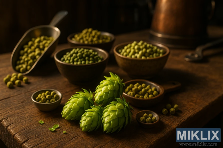 A close-up view of a craft brewer's workbench, showcasing various hop varieties and equipment used for hop substitution in the brewing process. In the foreground, a handful of Sunbeam hops is displayed, their vibrant green cones glistening under the warm, focused lighting. In the middle ground, a collection of hop pellets, both Sunbeam and other hop varieties, are arranged neatly in small bowls, highlighting the comparison and potential substitution options. In the background, a well-worn brew kettle and other brewing paraphernalia suggest the practical application of this hop substitution knowledge. The overall scene conveys a sense of expertise, experimentation, and the art of crafting unique beer flavors through thoughtful hop selection and usage.