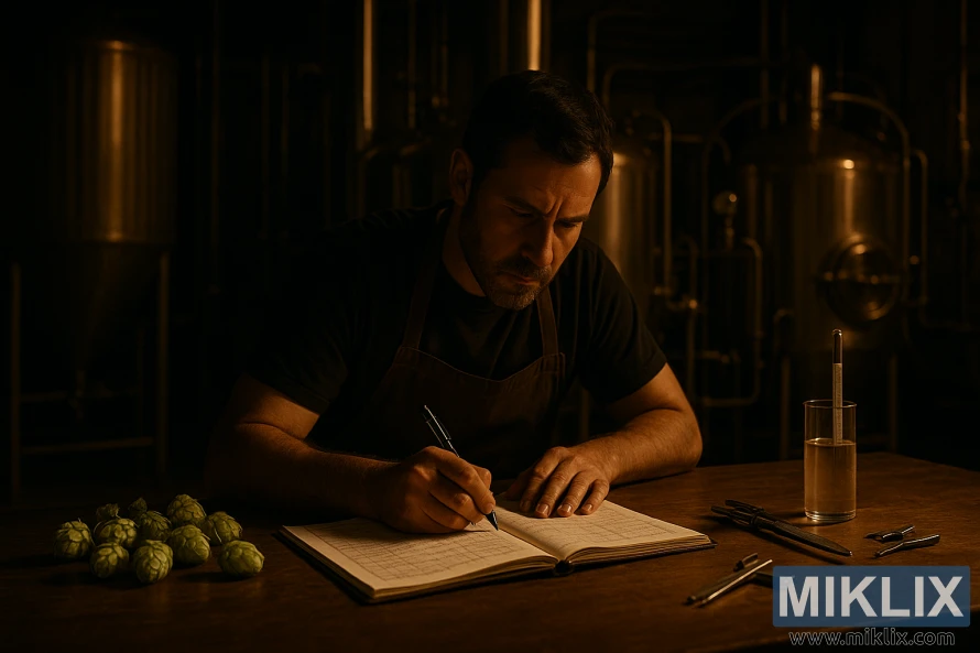 A dimly lit craft brewery interior, with malt silos, fermentation tanks, and a tangle of pipes in the background. In the foreground, a brewer carefully examines a brewing log, his brow furrowed with concentration. On the table before him, a collection of hops cones, a hydrometer, and other brewing tools lie scattered, suggesting the challenges of maintaining quality and consistency in the brewing process. Warm, golden lighting casts dramatic shadows, creating a sense of contemplation and problem-solving. The scene conveys the technical expertise and attention to detail required to overcome the common brewing challenges faced by craft brewers.