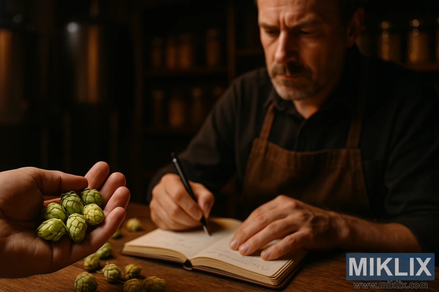A dimly lit brewhouse interior, wooden surfaces and metal equipment bathed in warm, soft lighting. In the foreground, a close-up of a handful of freshly harvested Nelson Sauvin hops, their delicate yellow-green cones glistening. In the middle ground, a brewmaster studies a recipe notebook, pen in hand, contemplating hop additions and timings. In the background, shelves of various specialty malts and other brewing ingredients, hinting at the creative process of recipe development. The overall atmosphere is one of focus, experimentation, and the artistry of crafting the perfect beer.