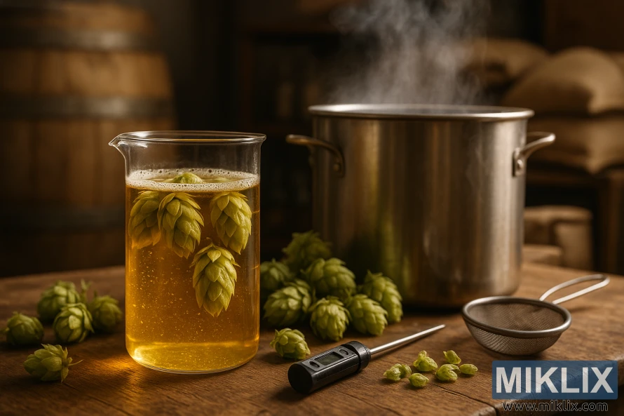 A crisp, well-lit photographic still life showcasing the intricate brewing techniques used with Sterling hops. In the foreground, a glass beaker filled with sparkling golden wort, hops cones delicately suspended within. In the middle ground, a gleaming metal brewpot, steam rising from the surface, surrounded by a variety of hops-related tools and equipment. The background softly illuminates a wooden barrel, a stack of malt sacks, and other brewing accoutrements, creating a sense of artisanal craftsmanship. The lighting is diffused and natural, accentuating the textures and colors of the scene. The overall mood is one of precision, expertise, and the celebration of the brewer's art.