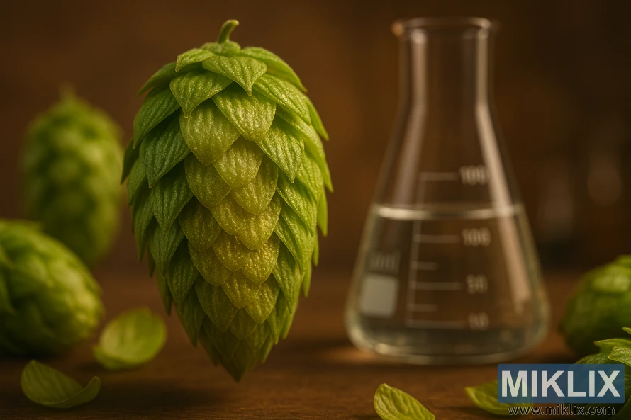 An intricate close-up of freshly harvested Apollo hop cones, their dense lupulin glands glistening under warm studio lighting. The foreground showcases the hop's intricate cone structure, with layers of overlapping scales revealing the golden-green alpha acids within. In the middle ground, a scientific beaker filled with a clear liquid, representing the chemical analysis of the hop's alpha acid content. The background blurs softly, hinting at the scientific equipment and laboratory setting. The image conveys a sense of careful examination and the pursuit of understanding the technical details that define this versatile hop variety's brewing potential.