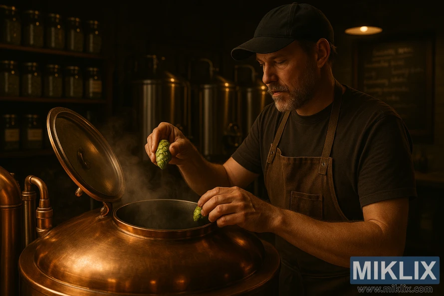 A dimly lit craft brewery interior, with a focus on the intricate process of brewing with Apollo hops. In the foreground, a skilled brewer carefully adds whole cone Apollo hops to a gleaming copper brew kettle, surrounded by a cloud of fragrant steam. In the middle ground, a row of fermentation tanks stands silently, while the background reveals shelves of carefully labeled hop varieties and a wall-mounted chalkboard displaying brewing notes. Soft, warm lighting casts a cozy, artisanal atmosphere, highlighting the meticulous attention to detail in the brewer's craft.