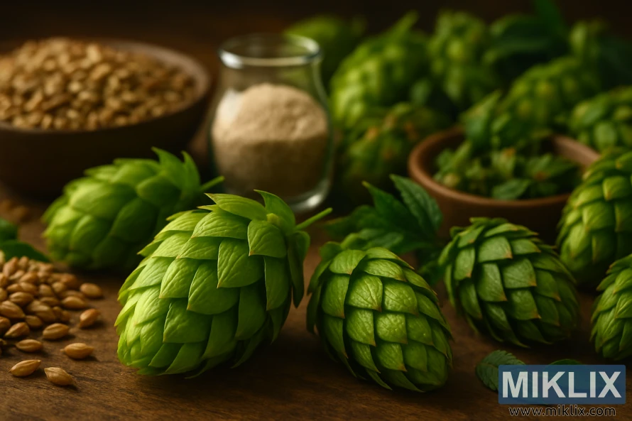 A close-up shot of freshly harvested Apollo hops cones, their vibrant green color and distinctive aroma filling the frame. In the background, a selection of complementary brewing ingredients - grains, yeast, and other hop varieties - are arranged in a harmonious still life composition. Warm, golden lighting casts gentle shadows, creating a cozy, artisanal atmosphere. The image conveys the craftsmanship and attention to detail that goes into pairing Apollo hops with the right components to achieve a balanced, flavorful beer.