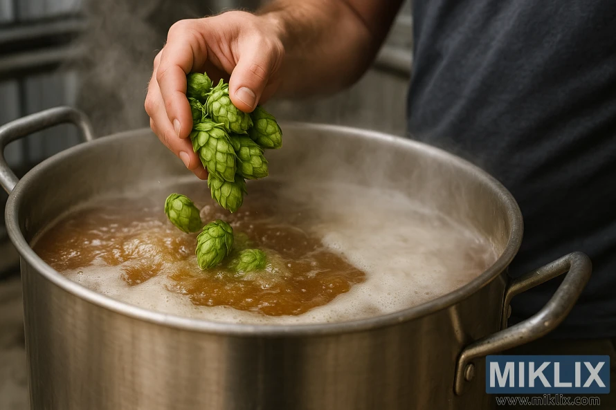 This picture captures a homebrewer adding fresh green hop cones to a boiling kettle of wort. The brewer’s hand, detailed and slightly tanned, hovers above the steaming pot, releasing the vibrant hops into the bubbling amber liquid below. The foam and dynamic boil of the wort are clearly visible, creating a sense of movement and heat. The stainless steel kettle, with sturdy handles, reflects the warm, natural lighting that enhances the rich colors and textures. The background shows a blurred brewing setup, keeping focus on the hops and boiling process, evoking the craft and passion of homebrewing.