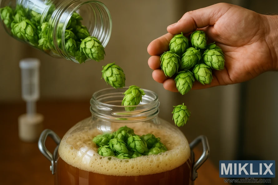 This picture captures the dry hopping process in homebrewing. A person is adding fresh, bright green hop cones into a glass fermenter filled with foamy, amber beer. The fermenter is a wide-mouthed carboy with metal handles, sitting on a wooden surface. Hops are shown mid-air, falling from both a glass jar and the brewer’s hand into the fermenter, creating a sense of motion. The vibrant hops contrast with the rich, golden beer and frothy krausen. Soft, natural lighting highlights the crisp details of the hops, glass, and foam, while the background shows a slightly blurred airlock and brewing space, emphasizing the craft-focused, rustic atmosphere.