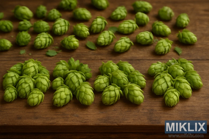 This picture shows four distinct piles of fresh hop cones laid out on a rustic wooden surface for comparison. Each pile features subtle variations in size, shape, and green hue, ranging from light to deeper shades. The hop cones are arranged neatly in the foreground, with additional loose cones scattered in the background, creating depth and visual interest. The rich wood grain of the table contrasts with the vibrant green of the hops, and soft, natural lighting enhances the textures and crisp details of the cones and leaves. The overall scene evokes a handcrafted, artisanal feel, ideal for homebrewing.