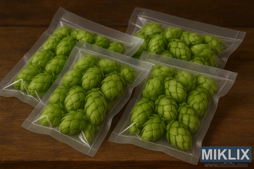 Four vacuum-sealed bags of fresh hop cones neatly arranged on a rustic wooden surface. The vibrant green hops are tightly packed in transparent, textured vacuum bags with a diamond pattern, preserving their freshness. Each bag contains plump hop cones, clearly visible through the plastic, with their detailed texture and layered bracts intact. The soft, natural lighting enhances the bright green color of the hops, contrasting with the rich brown tones of the wood. The overall scene highlights proper hop storage for homebrewing, emphasizing freshness and care.