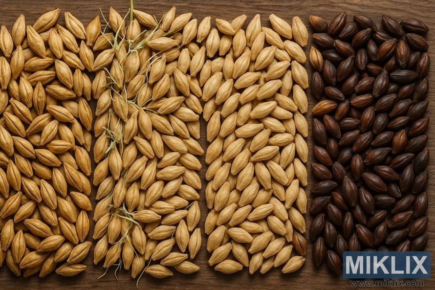 Four distinct rows of barley grains on a wooden surface, each representing a stage in the malting process for homebrewed beer. From left to right, the first row features unmalted barley grains with a light tan color and smooth texture. The second row displays germinating grains with tiny rootlets emerging, indicating the early malting phase. The third row shows fully malted grains, dried to a uniform golden hue with a slightly shinier appearance. The final row consists of roasted malted grains, dark brown to nearly black, with a glossy, rich finish. The wooden background enhances the natural tones of the grains, and the overall composition highlights texture, color contrast, and progression through the malting stages.