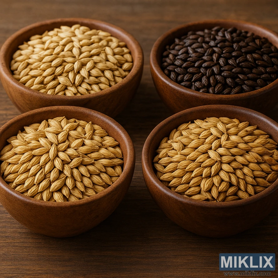Four wooden bowls, each filled with a different type of base malt used in homebrewing beer. The bowls are arranged in a square formation on a rustic wooden surface. The malts vary in color and texture, showcasing a spectrum from pale golden grains to deep, dark brown roasted ones. The top-left bowl holds light-colored malt with smooth, slightly glossy grains. The top-right bowl contains dark, roasted malt with a rich brown hue and a slightly matte texture. The bottom-left and bottom-right bowls display two shades of golden malt, differing subtly in tone and sheen. Warm, natural lighting enhances the wood’s rich tones and the grains’ detailed textures, highlighting their variety and natural beauty.