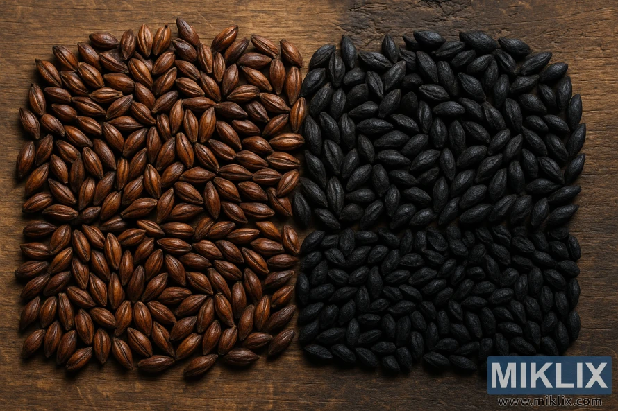 Two distinct types of dark roasted malts used in homebrewed beer, meticulously arranged on a rustic wooden surface. On the left, chocolate malts display a deep, rich brown color with a smooth, slightly glossy texture, highlighting their roasted character. On the right, black malts appear intensely dark, almost jet black, with a matte, rougher surface that suggests their stronger roast level. The grains are densely packed, creating a clear visual contrast between the warm, reddish-brown tones of the chocolate malts and the deep, shadowy hues of the black malts. Warm, natural lighting enhances the intricate textures and color variations of the grains and the wood beneath, emphasizing their roasted appearance and rich tones.