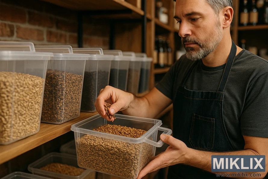 A middle-aged, light-skinned man with a salt-and-pepper beard, carefully selecting malted barley grains from clear plastic storage containers in a homebrew shop. He wears a dark gray T-shirt and a denim apron, focusing intently as he examines the grains in his hand. The shelves around him are lined with various containers filled with different malts, ranging from light to dark colors. The background features rustic wooden shelving and exposed brick walls, contributing to a warm, earthy atmosphere. Soft, natural lighting highlights the rich textures of the grains, the man's thoughtful expression, and the cozy, artisanal vibe of the shop.