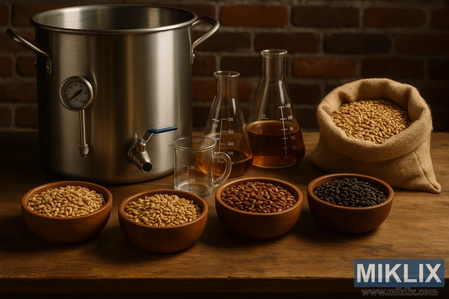A cozy small-batch homebrewing setup on a rustic wooden table, set against an aged brick wall. At the center sits a polished stainless steel brew kettle with a built-in thermometer and spigot. In front of the kettle, four wooden bowls display different types of malted barley, ranging from light to dark varieties, showcasing the range of malts used for experimentation. To the side, a burlap sack overflows with pale malt grains, adding a rustic touch. Glass beakers and flasks containing amber-colored brewing liquids are arranged nearby, suggesting ongoing brewing processes. The warm, natural lighting highlights the rich textures of the grains, the metal sheen of the kettle, and the wood’s natural grain, creating a homely and inviting atmosphere perfect for small-scale brewing.