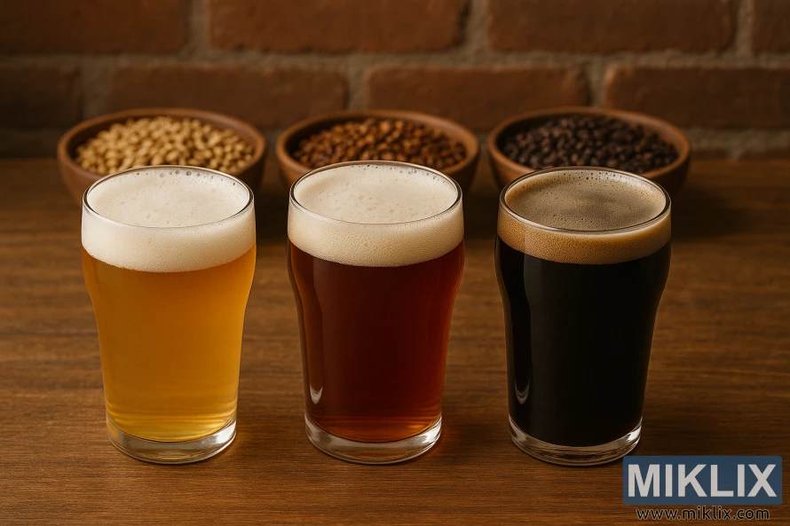 The image displays three tulip-shaped pint glasses of homebrewed beer placed on a rustic wooden table against a backdrop of a weathered red brick wall. Each glass showcases a distinct color, representing different malt combinations: the left glass holds a pale golden beer with a light, frothy head; the middle glass contains an amber-hued beer with a creamy foam; and the right glass features a dark, almost black beer with a rich, tan head. Behind the beers, wooden bowls filled with various malted barley grains—from light to dark—are neatly arranged, visually linking the malt colors to the beer shades. Warm, soft lighting enhances the rich tones, natural textures of the grains, the smooth glass, and the warm, inviting atmosphere of the scene.