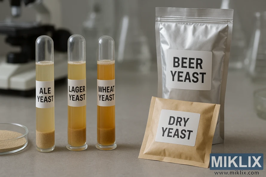 A laboratory scene with various yeast strains for home-brewing beer. Three clear test tubes labeled ALE YEAST, LAGER YEAST, and WHEAT YEAST stand upright, each containing liquid with sedimented yeast at the bottom. Beside them, a small glass petri dish holds dry yeast granules. To the right, two sealed packages labeled BEER YEAST and DRY YEAST are placed on the counter, one silver and the other brown paper-like. A blurred microscope and glassware appear in the soft, neutral background, emphasizing the clean, sterile lab setting.