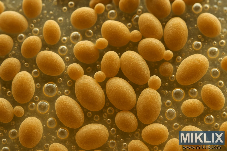 A microscopic view of beer yeast cells, Saccharomyces cerevisiae, during active fermentation. The oval-shaped yeast cells appear in various sizes with a soft, textured surface, some visibly budding to reproduce. They float in a translucent liquid filled with tiny bubbles of carbon dioxide, indicating fermentation. The cells exhibit warm golden-brown tones, and the surrounding liquid has a soft, amber glow. The scene is lit with diffused lighting that enhances depth and detail, creating a vibrant, dynamic display of yeast activity at the cellular level.