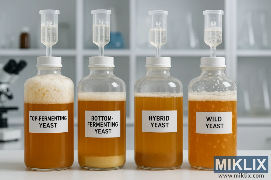 The image displays four sealed glass fermenters in a clean laboratory, each labeled with a distinct beer yeast type: top-fermenting, bottom-fermenting, hybrid, and wild yeast. Each fermenter has an airlock releasing CO₂. The top-fermenting yeast shows thick foam and krausen on the surface. The bottom-fermenting yeast is clearer with yeast sediment settled at the bottom and minimal surface foam. The hybrid yeast displays moderate foam with some yeast settled below, appearing slightly cloudy. The wild yeast fermenter has a patchy, uneven foam with floating particles and a cloudy, irregular appearance. The background features shelves with laboratory glassware and a microscope, adding to the sterile, professional setting.