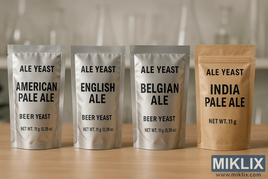 Four commercial packages of popular ale yeast strains for home-brewing beer, neatly arranged on a smooth wooden surface. Three packages are silver foil pouches, and one is a kraft paper pouch, all standing upright. Each package is clearly labeled in bold black text: "AMERICAN PALE ALE," "ENGLISH ALE," "BELGIAN ALE," and "INDIA PALE ALE." Smaller text on the packages indicates "ALE YEAST," "BEER YEAST," and "NET WT. 11g (0.39 oz)." The background is softly blurred, revealing laboratory glassware on shelves, lending a clean and professional atmosphere to the scene.