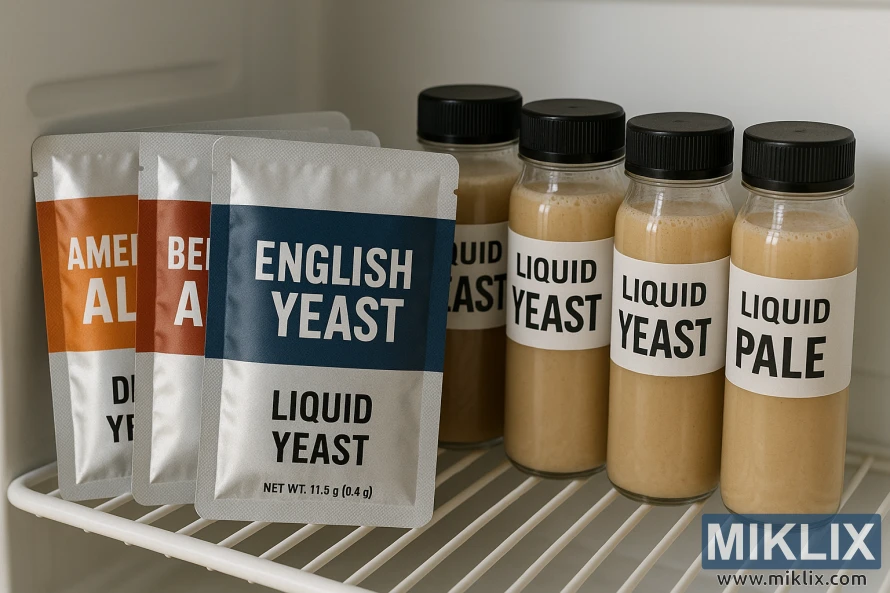 A neatly organized refrigerator shelf storing homebrewing yeast. On the left, three foil packets of dry yeast stand side by side, labeled "AMERICAN ALE," "BELGIAN ALE," and "ENGLISH YEAST," each with colored bands for easy identification. The packets lean slightly for a natural, realistic look. On the right, four transparent bottles of liquid yeast are lined up, each filled with creamy, light tan yeast slurry. Their white labels read "LIQUID YEAST" or "LIQUID PALE" in bold black text. The white wire shelf and bright, even lighting emphasize the clean, orderly storage setup.