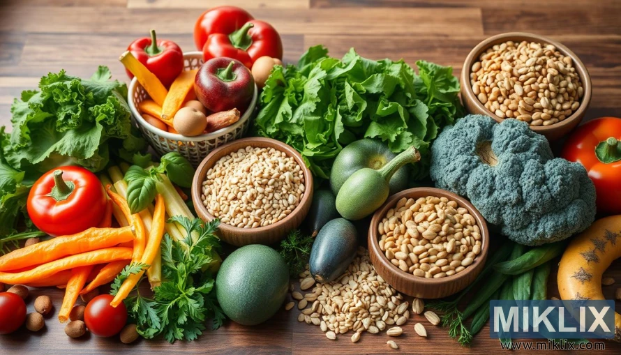 A colorful assortment of fresh vegetables, fruits, and grains arranged on a wooden surface. It includes red bell peppers, yellow carrots, leafy greens, tomatoes, broccoli, and small zucchinis. There are also bowls filled with puffed grains and nuts, along with some herbs like parsley and basil. A few exotic fruits and scattered grains complete the vibrant, healthy display.