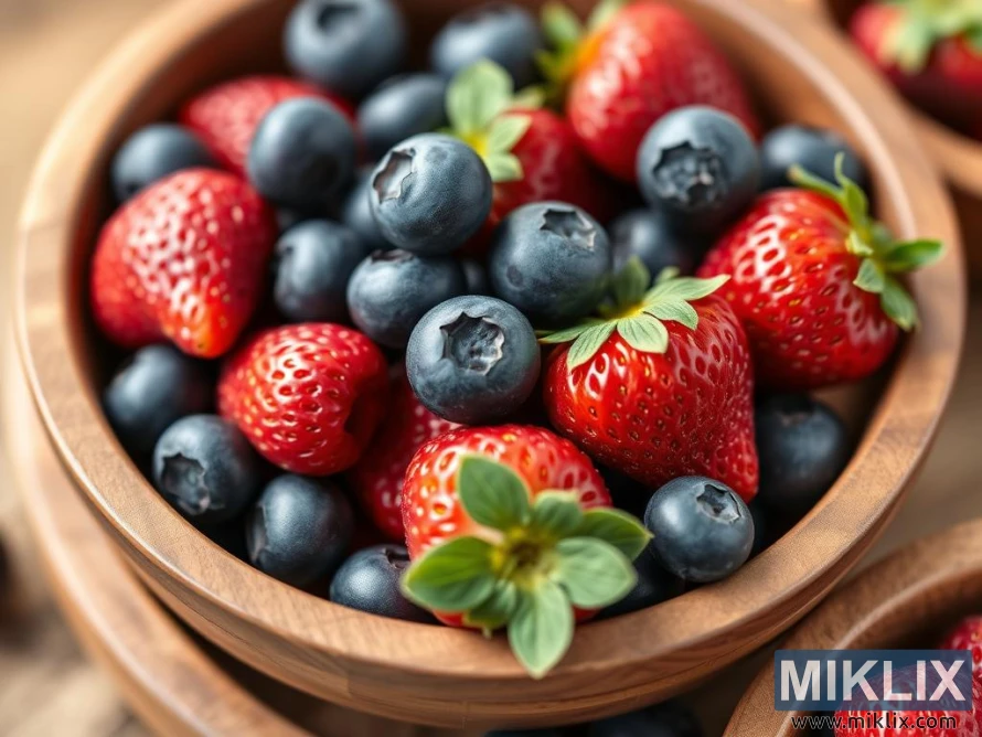 A wooden bowl filled with fresh, vibrant strawberries and blueberries. The strawberries are bright red with green leafy tops, while the blueberries are deep blue with a soft, matte texture. The fruits look ripe, juicy, and neatly arranged, creating a visually appealing, colorful contrast. The wooden bowl adds a rustic, natural touch to the composition.