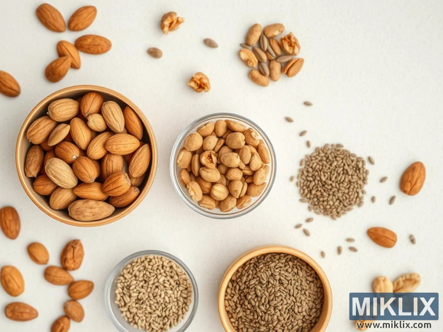 An assortment of nuts and seeds arranged on a light surface. There are four bowls containing different varieties: one with whole almonds in their shells, one with peanuts in shells, and two with different types of seeds, possibly sesame and sunflower seeds. Scattered around the bowls are loose almonds, peanuts, and seeds, creating a casual, organic layout. The earthy tones of the nuts and seeds contrast with the clean, neutral background, emphasizing the natural, wholesome quality of the ingredients. The top-down perspective highlights the textures and variety in the assortment.