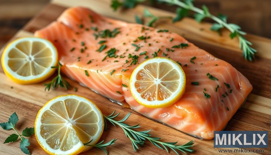 A fresh, raw salmon fillet placed on a wooden cutting board. The salmon has a rich, vibrant orange color with visible marbling and smooth texture. It is garnished with finely chopped green herbs, likely parsley or chives, adding a touch of freshness. Two lemon slices are placed on top and beside the fillet, contributing a bright yellow contrast and suggesting a zesty flavor pairing. Sprigs of fresh rosemary and parsley are scattered around the board, enhancing the natural, rustic presentation. The overall composition emphasizes freshness and simplicity, ideal for cooking or serving.