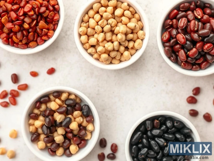 Five white bowls filled with different types of colorful legumes and beans, neatly arranged on a light, textured surface. The top-left bowl contains reddish-brown beans, while the top-center bowl holds pale beige chickpeas. The top-right bowl features dark red beans with a glossy finish. The bottom-left bowl contains a mix of beige chickpeas and dark red beans. The bottom-right bowl is filled with shiny black beans. Scattered beans are artfully placed around the bowls, adding a casual, rustic feel to the composition. The variety of colors and textures creates a vibrant and appetizing visual appeal.
