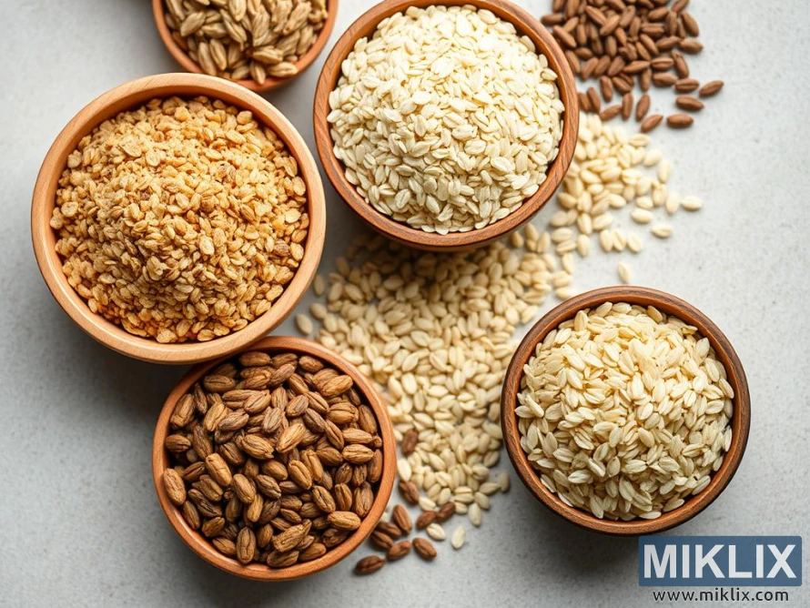 An assortment of grains and seeds neatly arranged in wooden bowls on a light-colored surface. The bowls contain various types of grains, including puffed grains, rolled oats, and whole grains in shades ranging from light beige to rich brown. Some of the grains have spilled onto the surface, adding a natural, rustic feel to the composition. The different textures, from the smoothness of the puffed grains to the roughness of the whole seeds, create visual contrast. The earthy tones of the grains complement the wooden bowls, highlighting their organic and wholesome appearance.