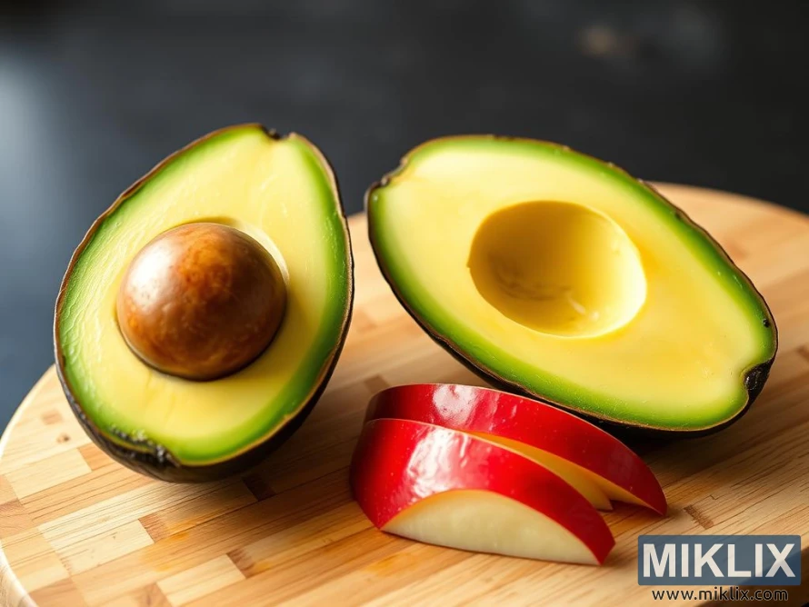 A halved avocado and several slices of red apple arranged on a wooden cutting board. The avocado is ripe, with a smooth, creamy yellow-green interior and dark green outer skin. One half of the avocado contains a large brown pit, while the other half is empty, displaying its rich, buttery flesh. The apple slices are fresh, with vibrant red skin and crisp white flesh, adding a pop of color to the composition. The wooden cutting board has a light, natural grain pattern, and the dark, blurred background makes the colors of the fruit stand out vividly.