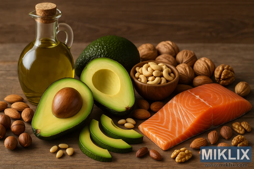 An elegant arrangement of healthy fat sources on a rustic wooden surface. A glass bottle of golden olive oil with a cork stopper sits to the left, radiating warmth and richness. In front of it, a halved avocado displays its creamy green flesh and large seed, alongside neatly sliced avocado pieces. A wooden bowl filled with cashews is placed beside whole walnuts, almonds, and hazelnuts scattered across the table, emphasizing variety and texture. On the right, a thick, fresh fillet of salmon with vibrant orange color and visible marbling adds a rich, appetizing focal point. The composition is bathed in soft, natural light, enhancing the vibrant colors and realistic textures of these nutrient-dense foods.